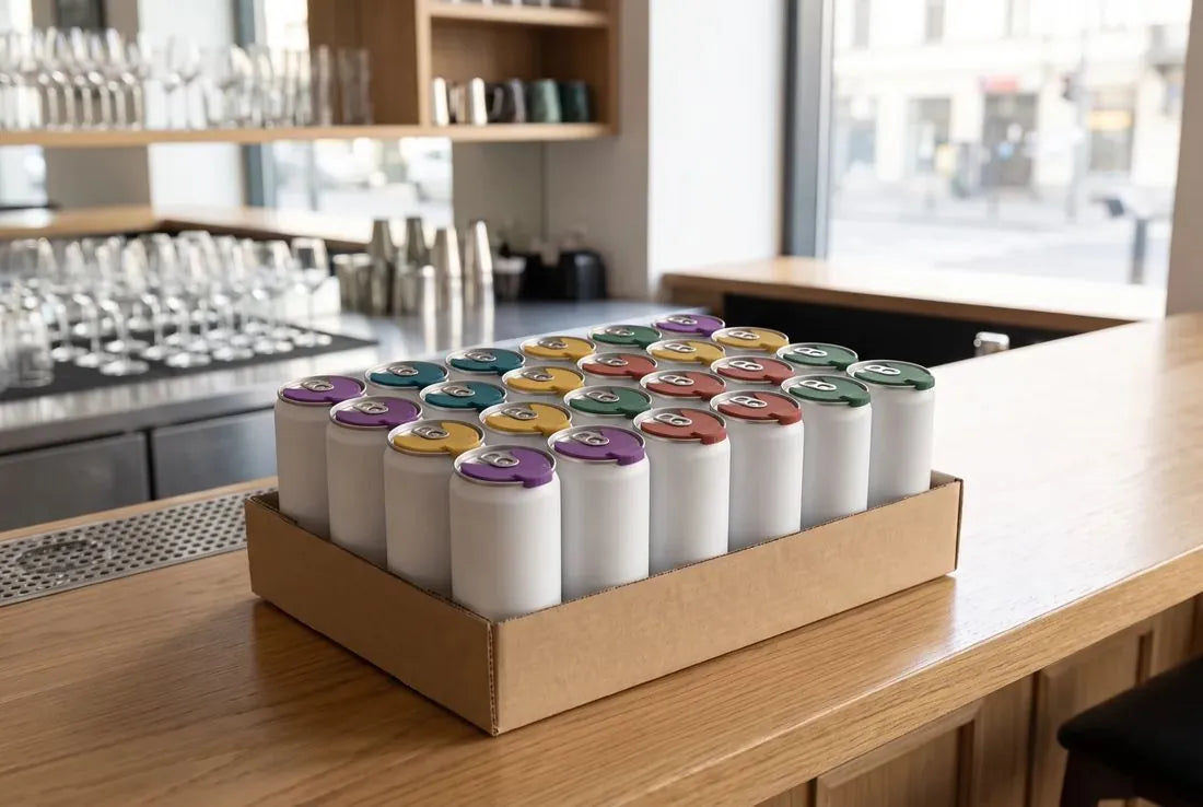 Een tray blikjes met SafetyClips op een bar