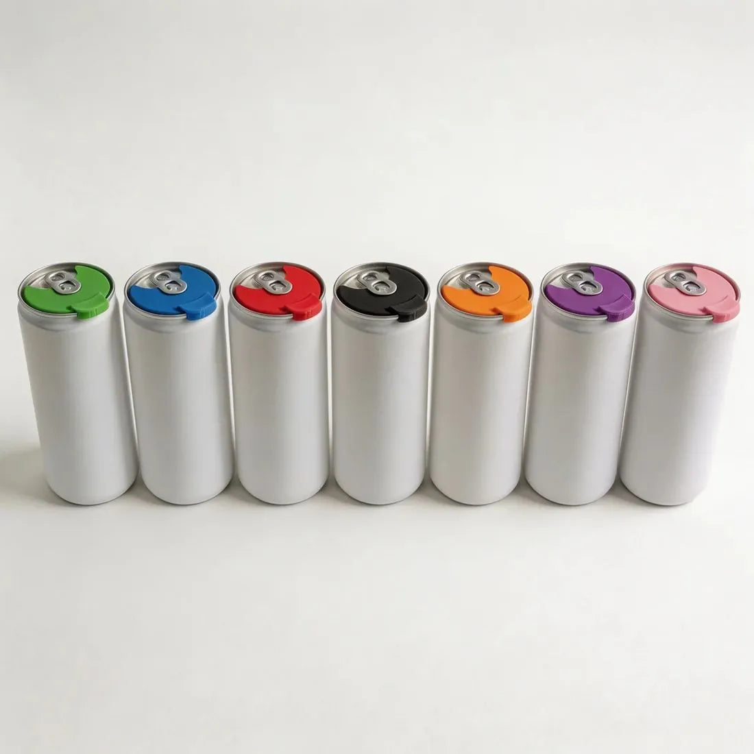 Seven cans, each with a SafetyClip in a different colour